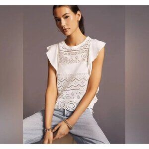 Anthropologie Sustainable Lace Tank Size XL White Eyelet Coastal Feminine Beach